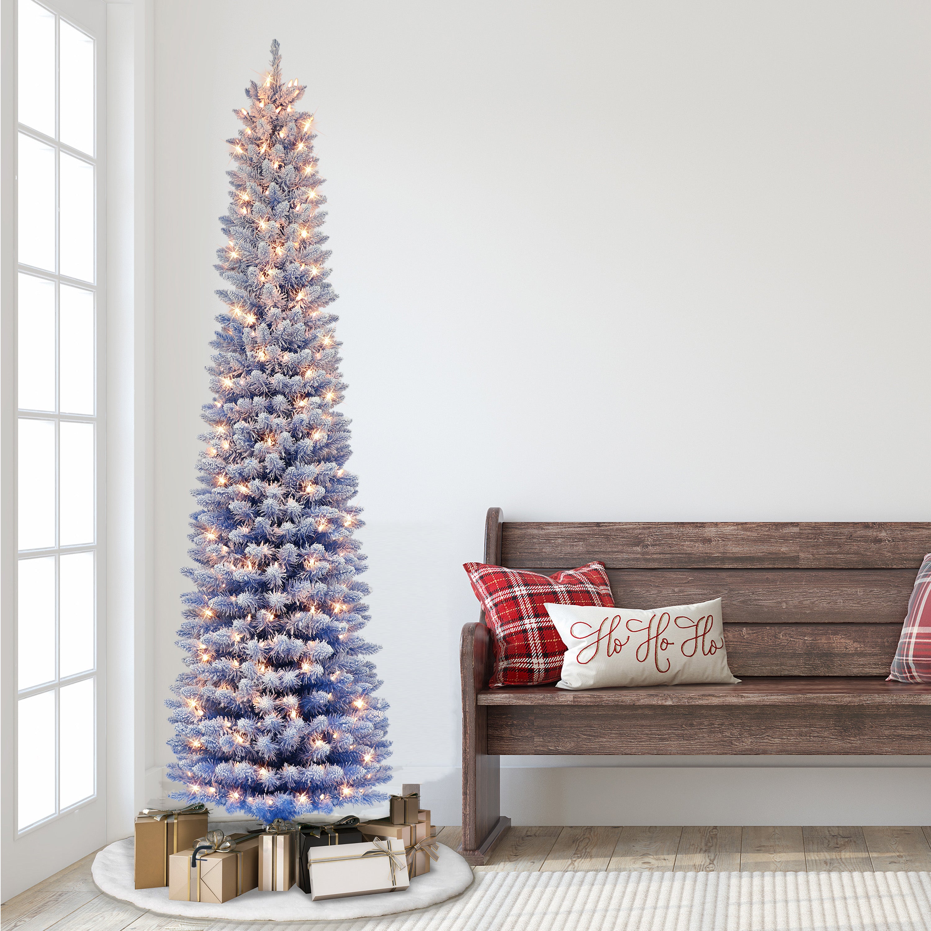 7.5ft Pre-lit Flocked Fashion Blue Pencil Christmas Tree